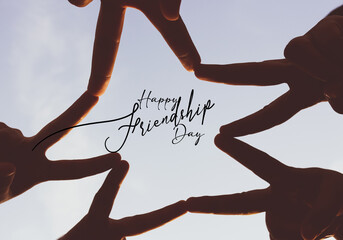 Happy friendship day with friends hand making star in the sky showing the friends bond banner card poster greeting