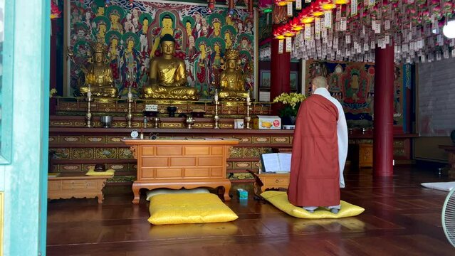 Rear view of religious korean Monk praying inside Temple in front of golden buddha