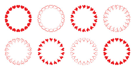 Heart wreath. Hearts circle. Pink round frames for love. Decorative border valentine. Cute wedding design elements. Modern red scallop for romantic card. Vector