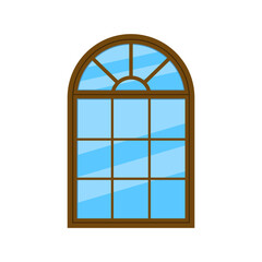 Cartoon window. Wood brown frame with glass. Flat square windowpane. Icon for house, exterior and decoration. Single wooden clipart for building and office. Vector