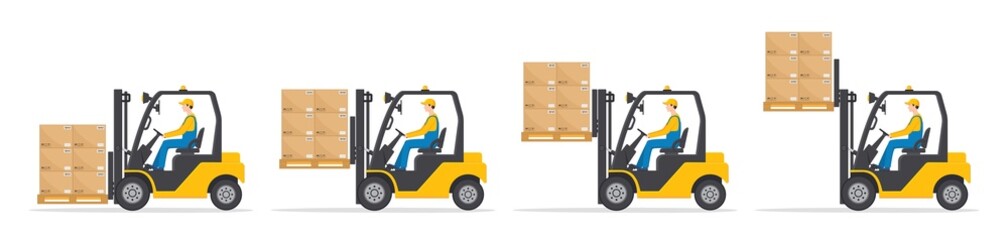 Forklift with pallet. Orange fork lift with man driver in warehouse. Icon of truck with worker. Cartoon illustration in flat style. Set of machine with high and low lifts. Vector