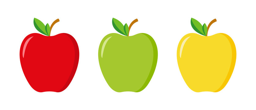 Red, green and yellow apple. Cartoon icon with leaf. Logo for juice. Color fruits isolated on white background. Healthy food. Vector