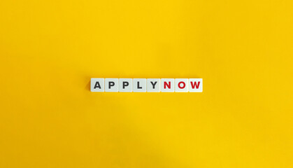 Apply Now Banner. Text on Block Letter Tiles on Yellow Background. Minimal Aesthetics.