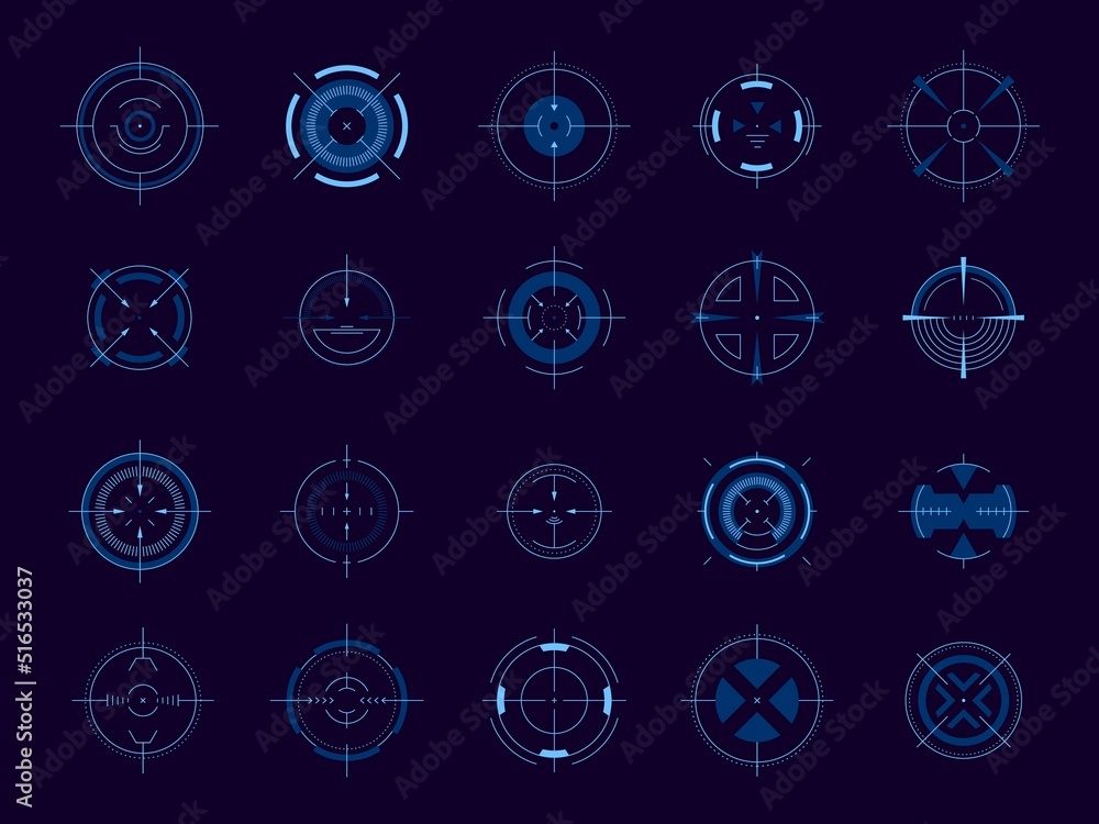 Poster hud circle aim. target system futuristic game user interface, military round focus control, sniper w