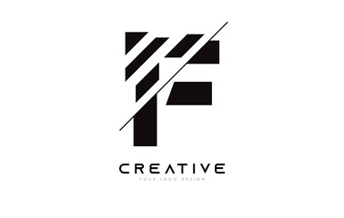 Sliced Letter F Logo Icon Design with Black and White Colors and Cut Slices