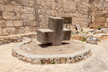 A cross that symbolizes the protest of the sculptor Yigal Tumarkin against the expropriation of land in the Arab Christian village Miilya, in the Galilee, in northern Israel