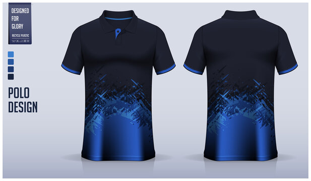 Blue polo shirt mockup template design for soccer jersey, football kit, golf, tennis, sportswear. Grunge texture pattern.