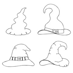 vector doodle set of cute witch wizard or witch hats, black and white isolated hand-drawn clipart, Halloween party decor for postcards, T-shirts, a set of vector children's illustrations