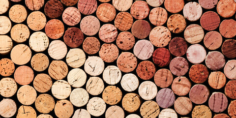 Banner of wine cork from red and white wine, natural texture used bottle stoppers top view, color gradient. Horizontal background from closeup wooden corks. Natural stoppers color wide banner - obrazy, fototapety, plakaty