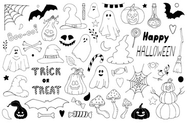 Fototapeta na wymiar Vector doodle set of Halloween clipart. A funny hand draw, cute illustration for seasonal design, textiles, decoration of a children's playroom or a greeting card. Pumpkins, ghosts, witch hats, etc