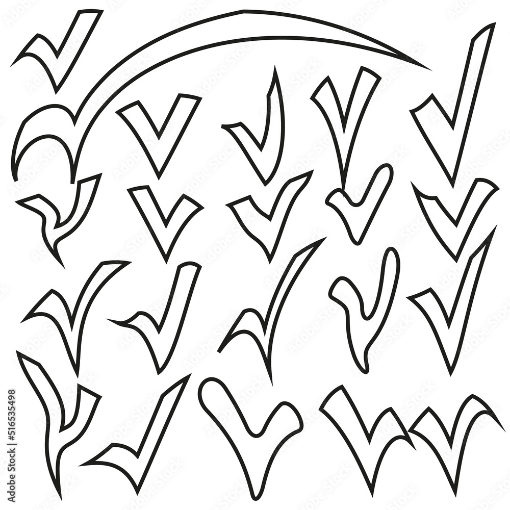 Poster check mark icon. checkboxes are different in doodle style. vector illustration. stock image.