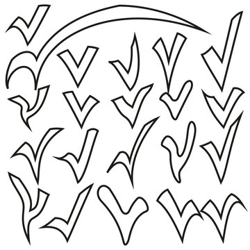Check mark icon. Checkboxes are different in doodle style. Vector illustration. Stock image.