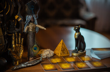 Magic doll for attracting love, rite with voodoo and fate creation, details on a table of witch,...