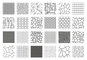Keuken achterwand Landschap patronen Cobblestone texture. Pavement bricks and pebble vintage decorative graphic, stone sidewalk paving plan, garden patio black path. Vector isolated set  © Tartila