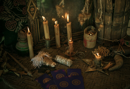 Magic doll for attracting love, rite with voodoo and fate creation, details on a table of witch, occultism concept 