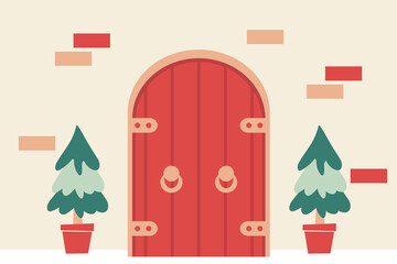 Christmas tree with door. Red wooden doors and christmas trees in pots. Vector flat illustration.