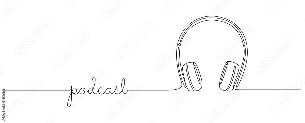 Aufkleber continuous one line drawing of headphones speaker for podcast web banner. music gadget and earphones