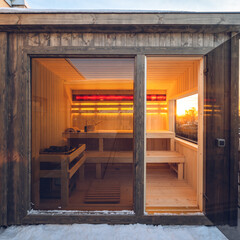 Small wooden finnish sauna with glass door on terrace of cottage.