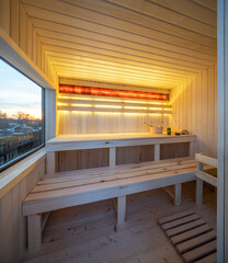 Interior of wooden finnish sauna with window. Luxury private house.