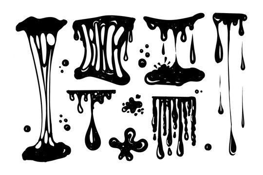 A set for working with blobs. Doodle style drawn elements. Black splashes of slime, stretching slime, toxic dripping slime. Slime splatter and droplets, liquid borders. Isolated vector shapes.