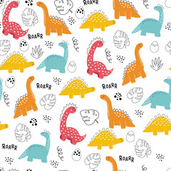 Fototapeta premium Hand drawn vector pattern with dino. Seamless pattern with dinosaurs, roar lettering, tropical leaves and bushes in doodle style. Children's wallpaper, print on clothes.
