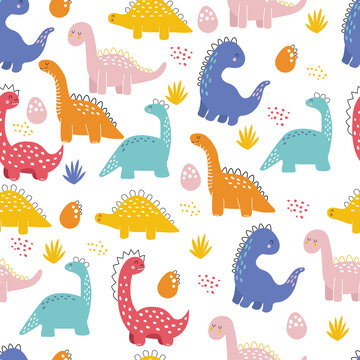 Hand drawn vector pattern with dino. Seamless pattern with dinosaurs, eggs and tropical bushes in doodle style. Children's wallpaper, print on clothes.