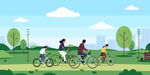 Family on bicycle. Cartoon outdoor bike ride on nature with kids mom and dad, family characters together on active leisure cycling in park. Vector illustration