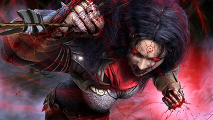 Furious beautiful vampire woman with black hair and red eyes, runs into a fight with bloody fists with spiked brass knuckles catches arrows, preparing to deliver a fatal punch. 3d rendering action art