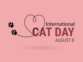 International Cat Day August 8.Cat paw prints and dotted line heart on colored background .