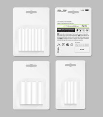 A set of mockups of battery packs with text. Front and rear side. Vector illustration. Perfect for pack shot product. EPS10.	