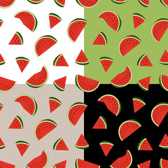 Fototapeta na wymiar Set of seamless patterns with watermelon slice. Autumn harvest of watermelons. Ornament for decoration and printing on fabric. Design element. Vector
