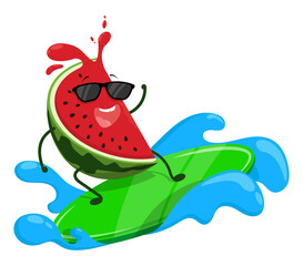 Cheerful watermelon slice surfs on wave with surfboard. Delicious and wholesome foods, vegetables and fruits. Healthy lifestyle. Cartoon vector isolated on white background