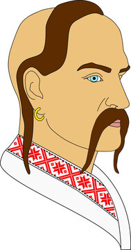 Ukrainian kozak icon set in flat and line style. Cossack symbol. Vector illustration.Man head with moustache in round shape. Male avatar in Ukrainian flag.  isolated on white.