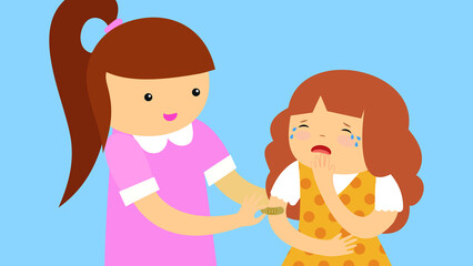 Mom puts a adhesive plaster on the hand of a crying daughter