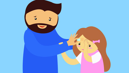 Dad puts ice on the girl's forehead