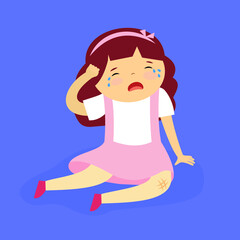 The girl scratched her knee and cries