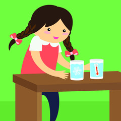 A girl conducts an experiment on a table with glasses of cold and hot water