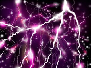Lightning and flashes of electricity discharges on a dark purple background.