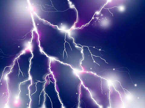 Lightning and flashes of electricity discharges on a dark purple background.