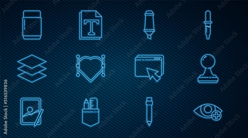 Aufkleber set line red eye effect, stamp, marker pen, heart with bezier curve, layers, eraser or rubber, web d