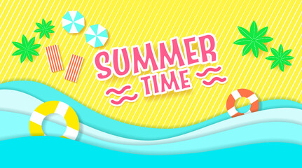 Fototapeta na wymiar Summer design with paper cut tropical beach bright Color background layout banners .Orange sunglasses concept. voucher discount. Vector illustration template