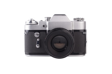 Vintage SLR camera isolated on white background.