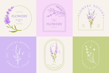 lavender flower pre made logo design set template - obrazy, fototapety, plakaty