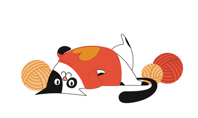 Cute Black and White Cat in a Knitted Orange Sweater with a Yellow Heart, Wool Yarn Balls. Vector Flat Illustration, Isolated on White, Cartoon, Clipart.