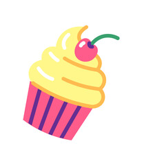 Cake with cherry sticker icon. Vector illustration