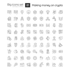 Making money on crypto linear icons set. Cryptocurrency stock market. Customizable thin line symbols. Isolated vector outline illustrations. Editable stroke. Quicksand-Light font used