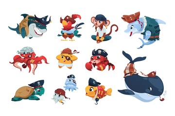Pirate sea animals. Cartoon nautical animals wearing pirate hats and bandanas, cute brave fish shark monkey parrot crab and turtle. Vector funny marine characters set