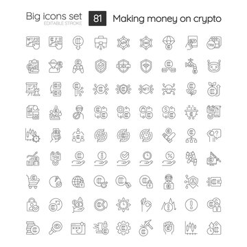 Making money on crypto linear icons set. Cryptocurrency stock market. Customizable thin line symbols. Isolated vector outline illustrations. Editable stroke. Quicksand-Light font used