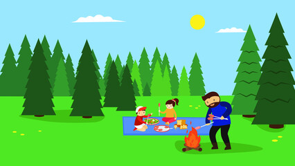 barbecue at a picnic in the woods