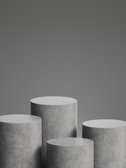 Concrete pedestal for product display with grey background. 3d rendering.